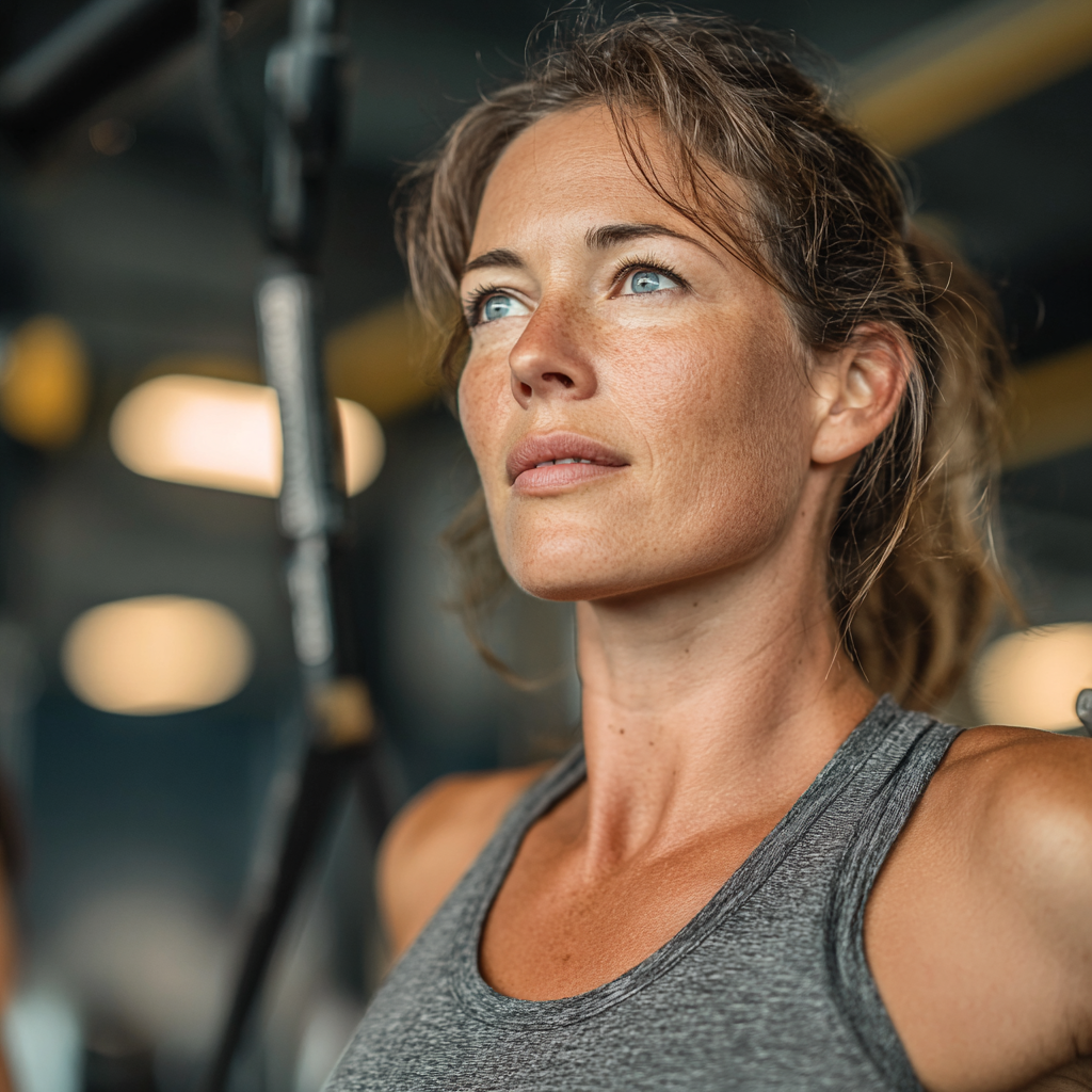 A determined woman in her late 40s doing functional training exercises in a bright fitness studio, demonstrating proper form and concentration