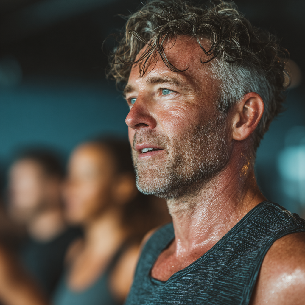 A healthy man in his early 50s participating in a group fitness class, focused and energetic during a cardio workout session